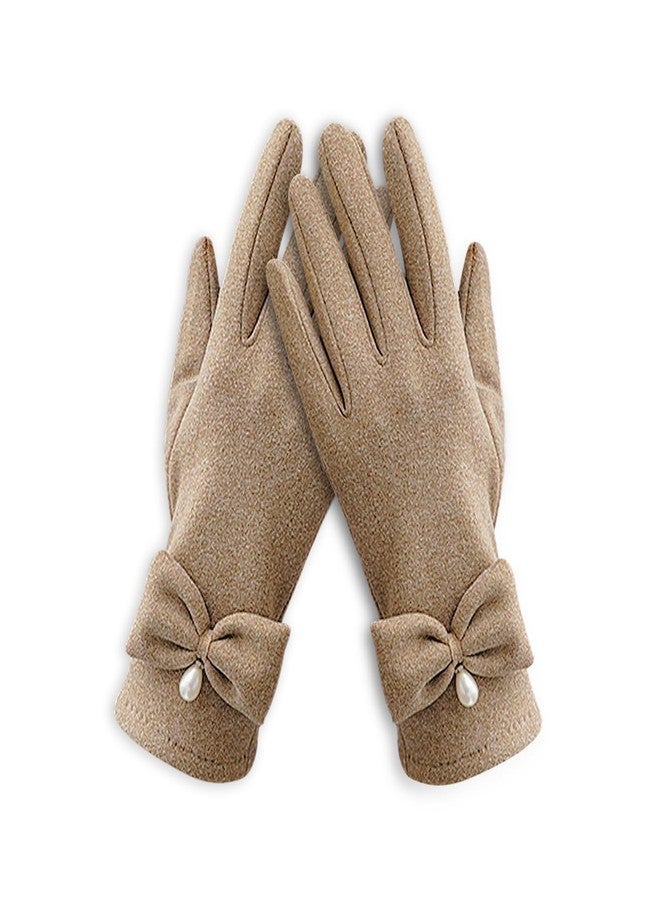 Feelorna Women Winter Gloves, Ladies Fashion Fleece Lined Warm Gloves with Cute Bow Elegant Soft Thermal Windproof Touchscreen Gloves for Cold Weather Dressing Driving Running Cycling(Khaki) - Image 1