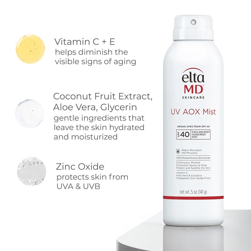 EltaMD UV AOX Mist Mineral Sunscreen Spray SPF 40, Broad Spectrum Face and Body Sunscreen with Zinc Oxide, 100% Mineral Active, Hydration Boost with Antioxidants, Moisturizer with SPF 40, 5 oz - Image 5