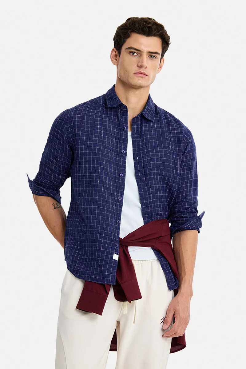 SNITCH Navy Blue Checkered Long Sleeve Regular Fit Casual Shirt