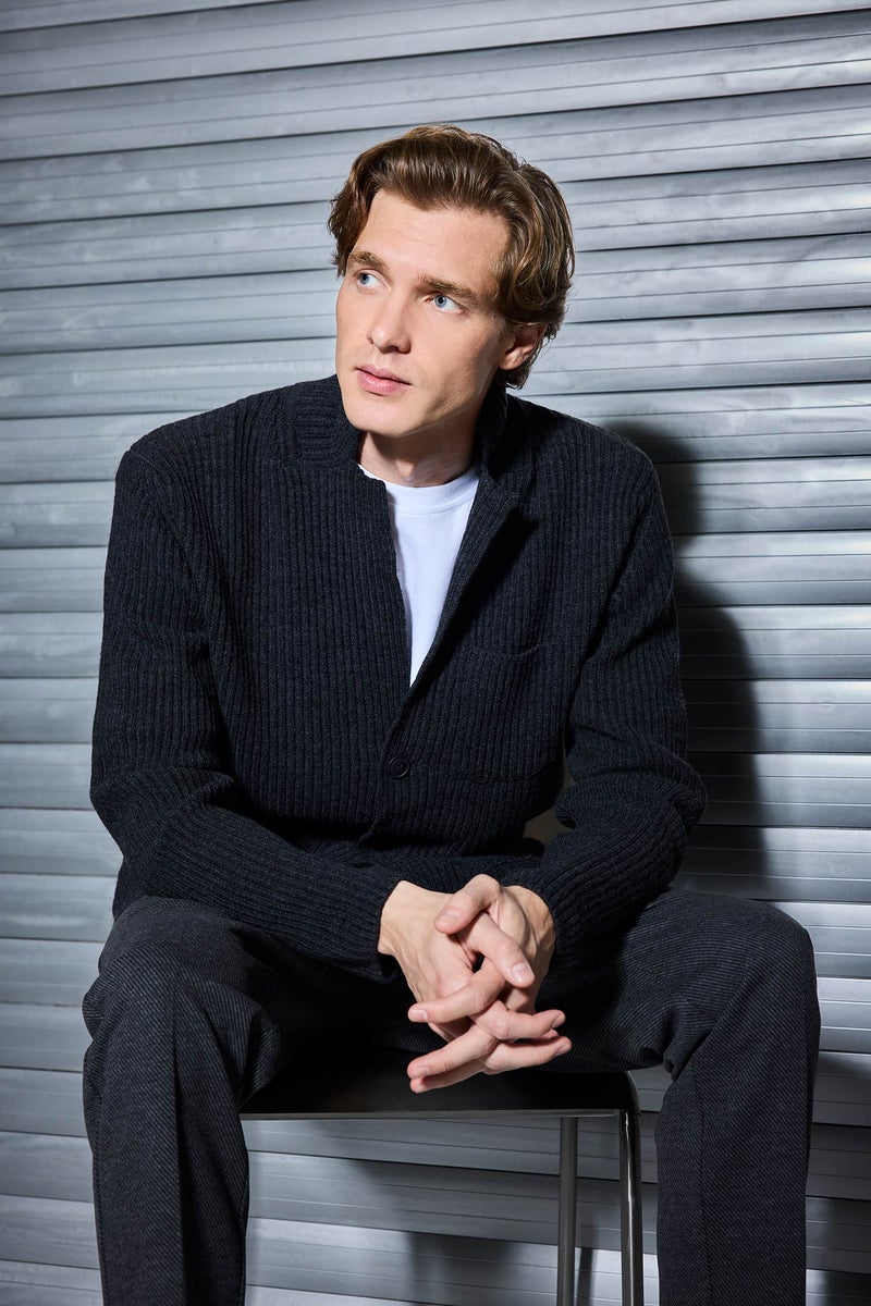 DeFacto Grey Man Standard Fit Jacket Collar Knitwear Cardigan Casual - Image 1