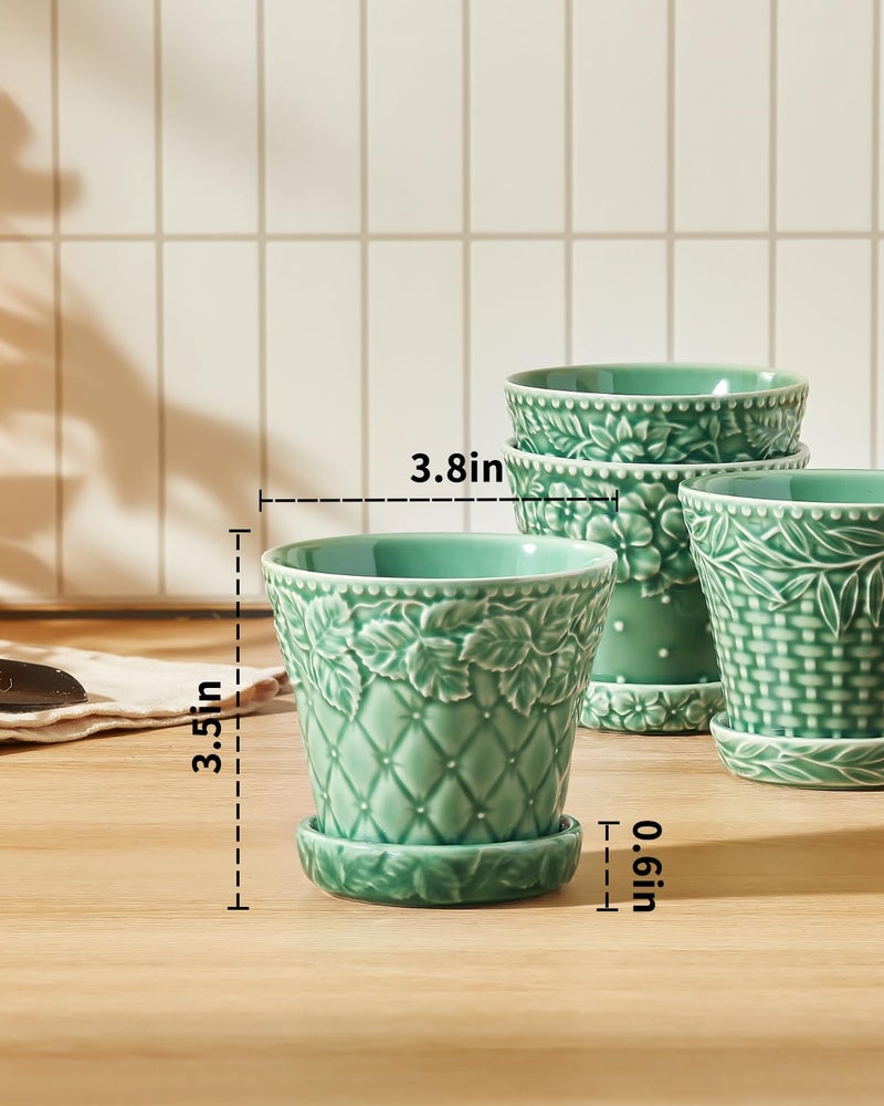 Metahom Succulent Ceramic Pots, 3.8 Inch Small Plant Pots with Drainage Hole & Saucer, Flower Planter Pot for Indoor Plants Cacti, Home Decor, Set of 4, Green - Image 2