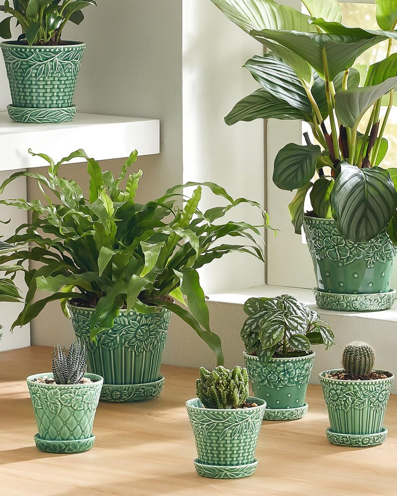 Metahom Succulent Ceramic Pots, 3.8 Inch Small Plant Pots with Drainage Hole & Saucer, Flower Planter Pot for Indoor Plants Cacti, Home Decor, Set of 4, Green - Image 5
