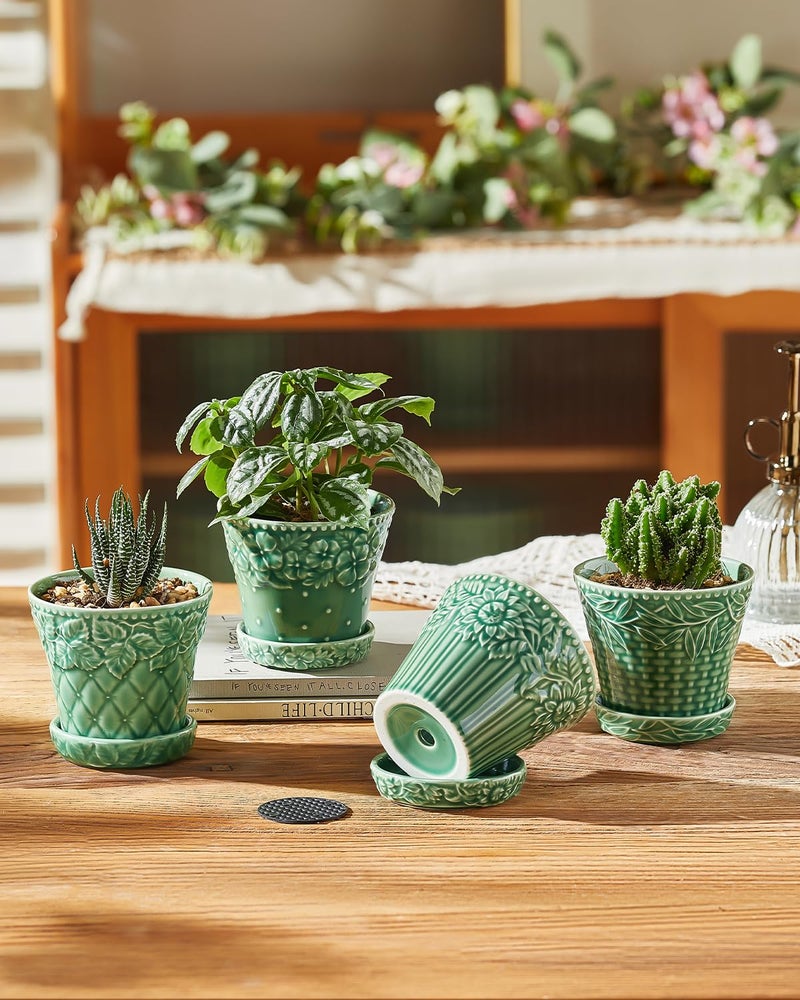 Metahom Succulent Ceramic Pots, 3.8 Inch Small Plant Pots with Drainage Hole & Saucer, Flower Planter Pot for Indoor Plants Cacti, Home Decor, Set of 4, Green - Image 3