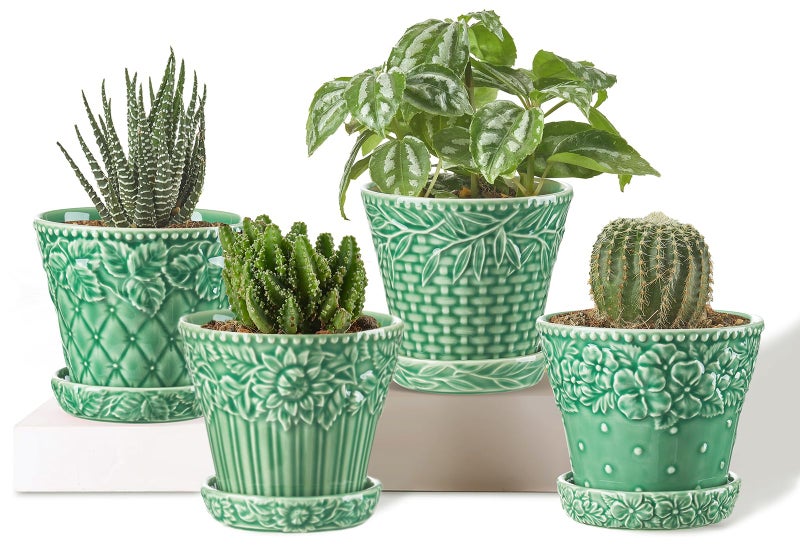 Metahom Succulent Ceramic Pots, 3.8 Inch Small Plant Pots with Drainage Hole & Saucer, Flower Planter Pot for Indoor Plants Cacti, Home Decor, Set of 4, Green - Image 1
