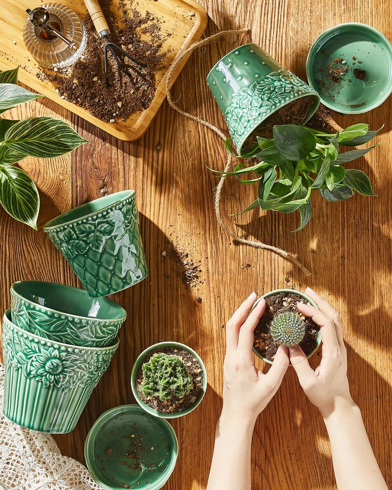 Metahom Succulent Ceramic Pots, 3.8 Inch Small Plant Pots with Drainage Hole & Saucer, Flower Planter Pot for Indoor Plants Cacti, Home Decor, Set of 4, Green - Image 4