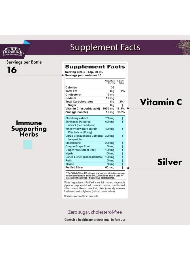 Buried Treasure ACF Immune Support - 16 oz, 16 Servings, Vitamin C, Elderberry, Zinc, Liquid Immune Booster with Vitamins and Minerals w/ Dose Cup - Image 2