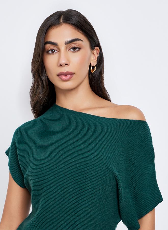 Styli Dark Green Ribbed Knit Batwing Sleeve Top - Image 4