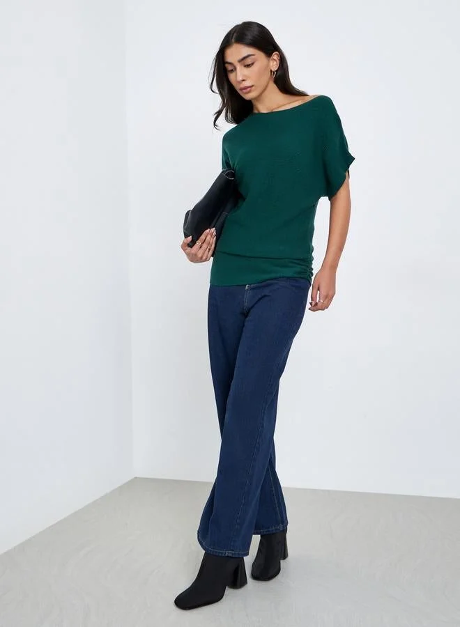 Styli Styli Dark Green Ribbed Knit Batwing Sleeve Top