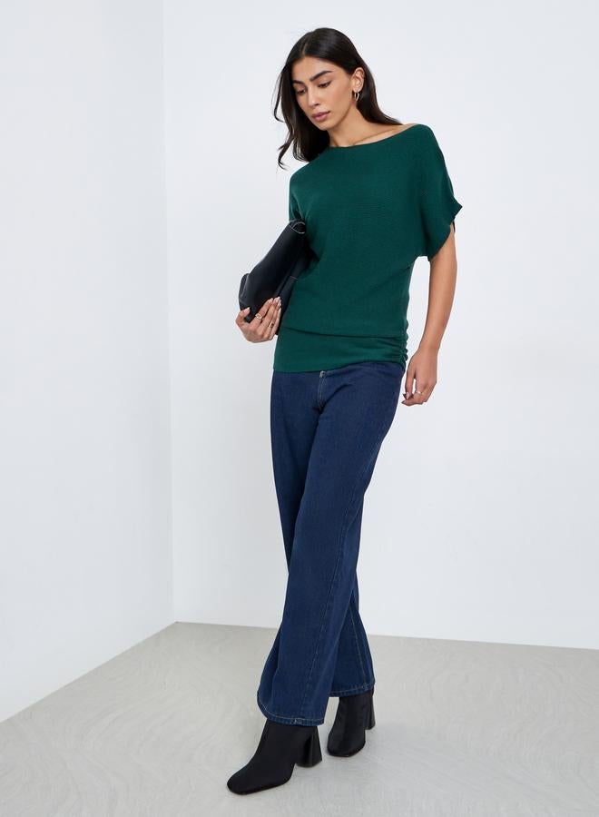 Styli Dark Green Ribbed Knit Batwing Sleeve Top - Image 1