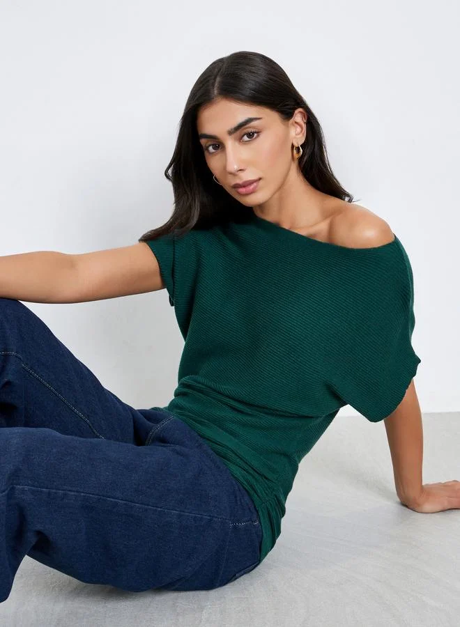 Styli Styli Dark Green Ribbed Knit Batwing Sleeve Top
