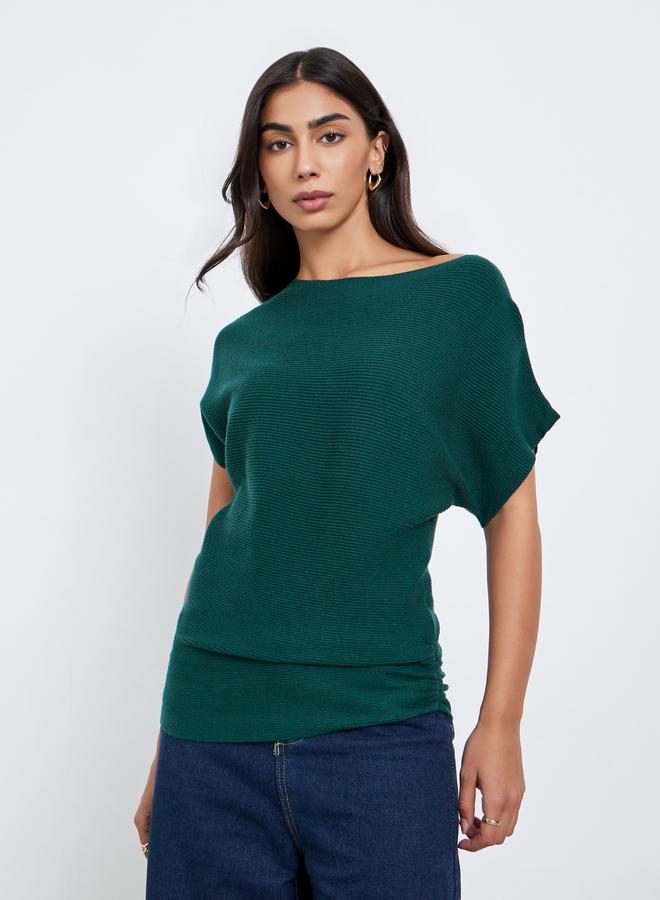 Styli Dark Green Ribbed Knit Batwing Sleeve Top - Image 3