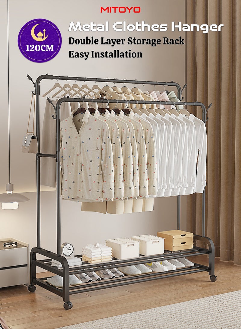 MITOYO Metal Clothes Hanger - Double Layered Clothes Rack - Store and Organize Clothes - Enhanced Load-bearing Capacity - Movable Clothes Rack with Swivel and Lockable Wheels - Easy to Install - Clothes Organizer - 120x46x175 cm - Image 1