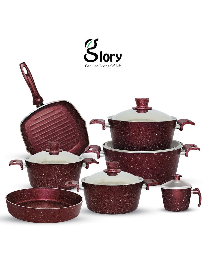 Glory Eco Non-Stick Granite Cookware Set 12 Pieces 4 Pots (18-20-24-28) + Grill 28 + Tray 26 + Milk Jug 16 Red