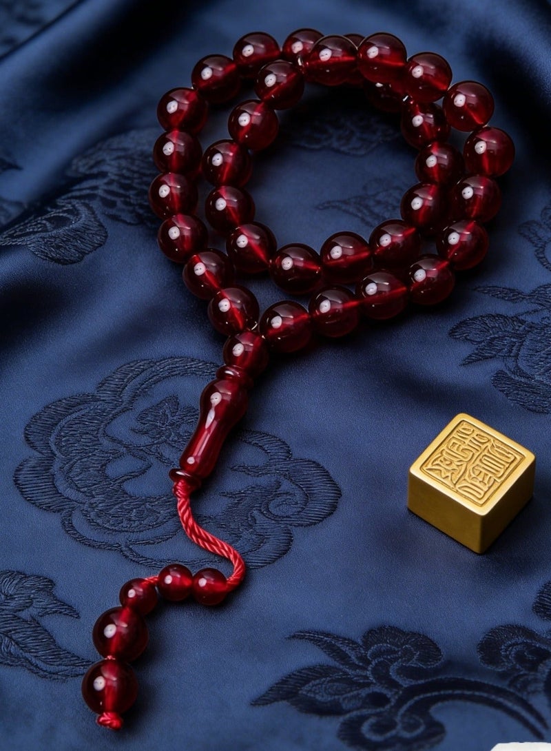 Nariele 33 Beads Transparent Wine Red Round Islamic Tasbih Prayer Beads, Glossy Imitation Amber Muslim Rosary, Minimalist Matching Bead Braided Short Tassel Unisex Dhikr Beads For Salah - Image 3