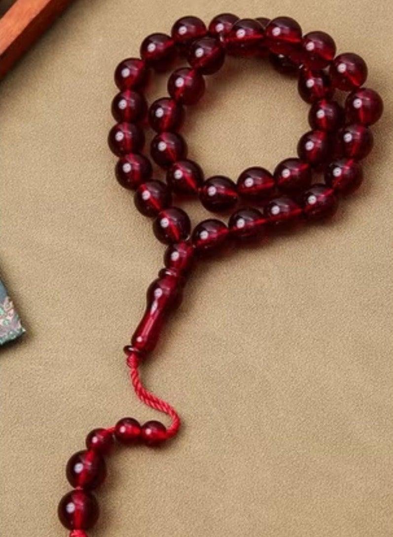 Nariele 33 Beads Transparent Wine Red Round Islamic Tasbih Prayer Beads, Glossy Imitation Amber Muslim Rosary, Minimalist Matching Bead Braided Short Tassel Unisex Dhikr Beads For Salah - Image 1