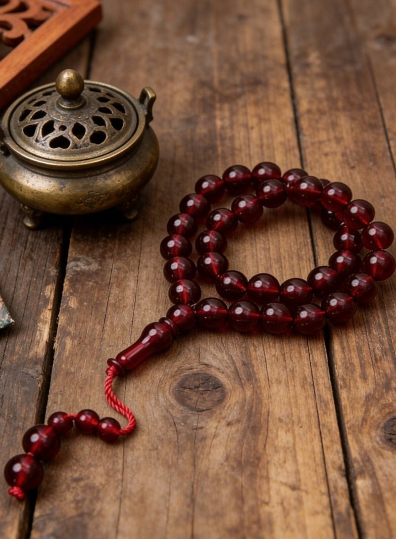 Nariele 33 Beads Transparent Wine Red Round Islamic Tasbih Prayer Beads, Glossy Imitation Amber Muslim Rosary, Minimalist Matching Bead Braided Short Tassel Unisex Dhikr Beads For Salah - Image 4