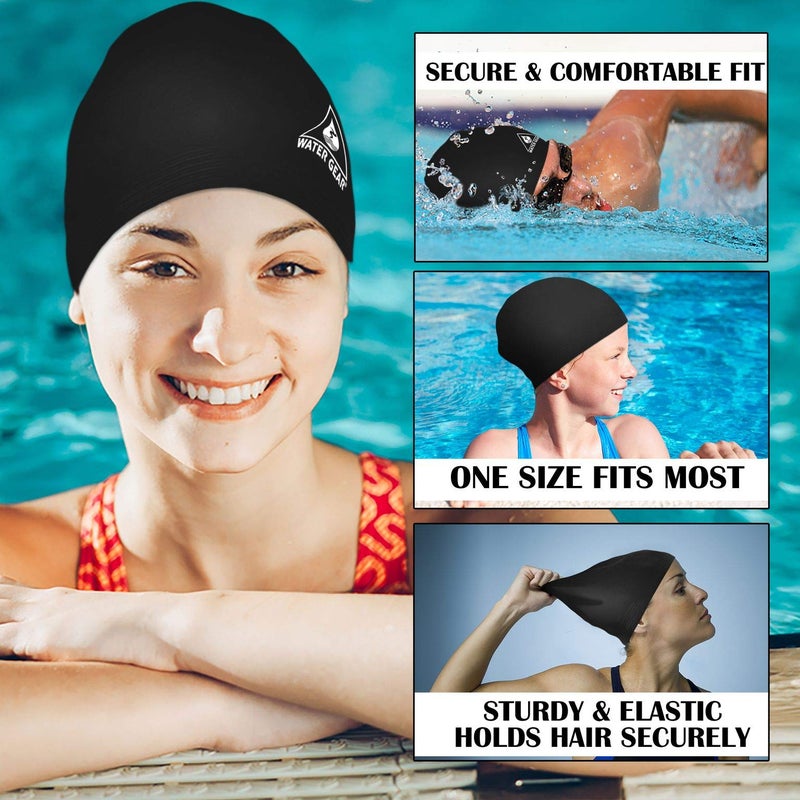 Water Gear Latex Swim Cap- Keeps Hair Dry and Secure - Comfortable and Great Fit - Shave Time Off Your Lap - Swim Caps for Men Women and Kids Long Hair - Black - Image 4