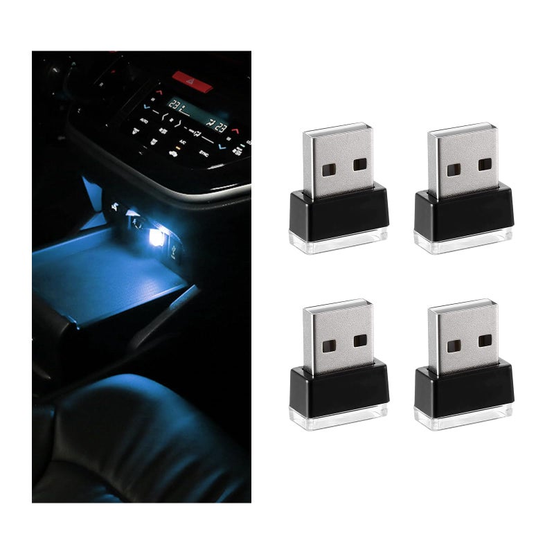 Sylvil 4 PCS USB LED Car Interior Atmosphere Lamp Portable Mini LED Night Light Plugin USB Interface Trunk Ambient Lighting Kit Universal Interior Car Accessories Ice Blue