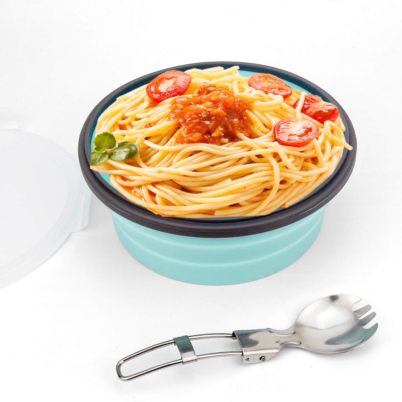 CCyanzi 1200ml Collapsible Camping Bowl Silicone Food Storage Container with Lid and Foldable Stainless Steel Fork Spoon for Picnic Travel Camping RV Fridge and Microwave BowlsRound Blue
