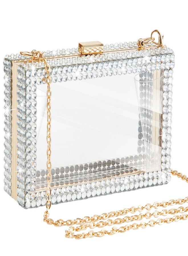 Dansydaisy Clear Acrylic Rhinestone Evening Bag, Women Small Clear Purse Acrylic Box Clutch Handbag with Stadium Approved Gold Chain Strap - Image 1