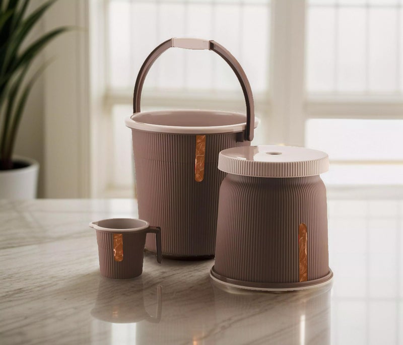 Nabhya Newton Combo of 3 pcs Bathroom Accessories Set Plastic Bathroom Set with 20Ltr Plastic Bucket, Small Mug and Big Stool for Home, Kitchen & Bathroom (Brown) - Image 1