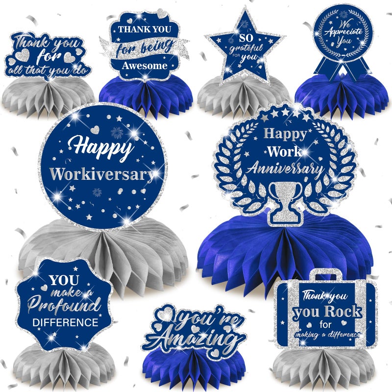 LUUFILx 9Pcs Happy Work Anniversary Decorations Navy Blue Silver Happy Workiversary Table Honeycomb Centerpieces Office Anniversary Party Table Topper Decor for Employee Worker Appreciation Supplies - Image 3