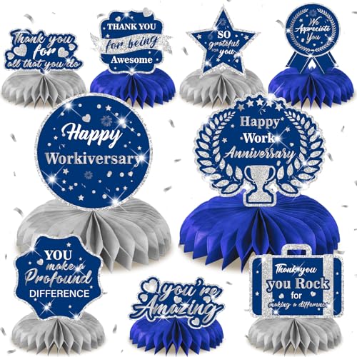 LUUFILx 9Pcs Happy Work Anniversary Decorations Navy Blue Silver Happy Workiversary Table Honeycomb Centerpieces Office Anniversary Party Table Topper Decor for Employee Worker Appreciation Supplies - Image 1