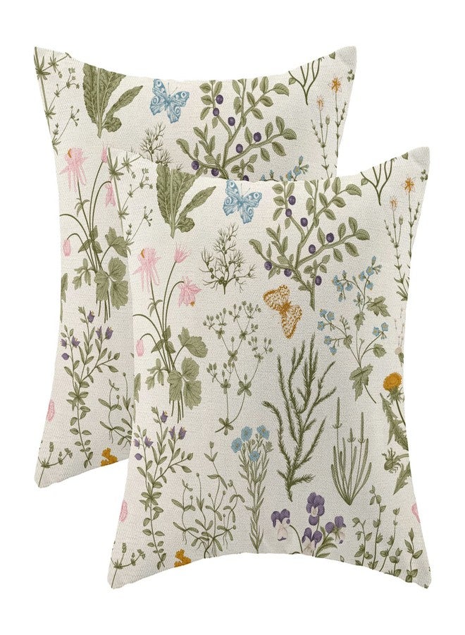 AEIOAE Spring Pillow Covers 18x18 Inch Set of 2,Sage Green Wild Flower Plant Throw Pillows Case,Seasonal Floral Outdoor Decorative Square Linen Farmhouse Decor Cushion Covers for Home Sofa Bed Couch - Image 1
