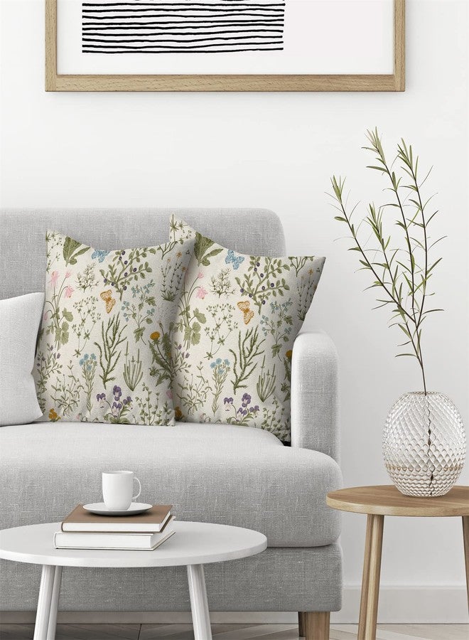 AEIOAE Spring Pillow Covers 18x18 Inch Set of 2,Sage Green Wild Flower Plant Throw Pillows Case,Seasonal Floral Outdoor Decorative Square Linen Farmhouse Decor Cushion Covers for Home Sofa Bed Couch - Image 3