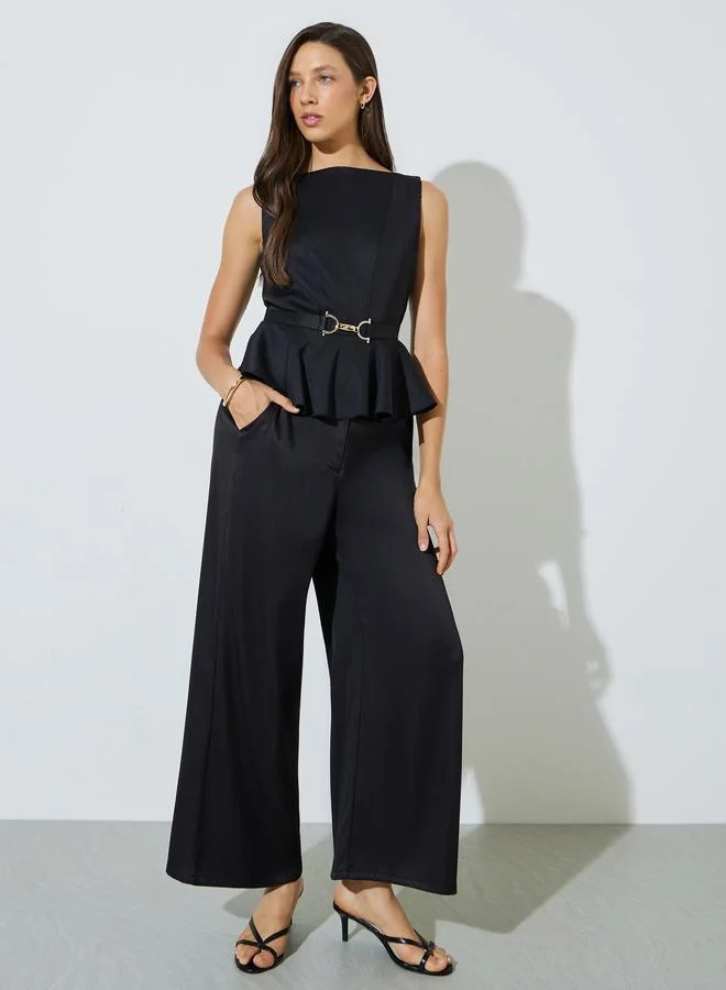 Styli Black Buckle Waist Peplum Top and Trousers Co-ord Set