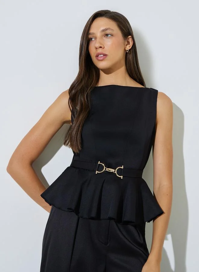Styli Black Buckle Waist Peplum Top and Trousers Co-ord Set