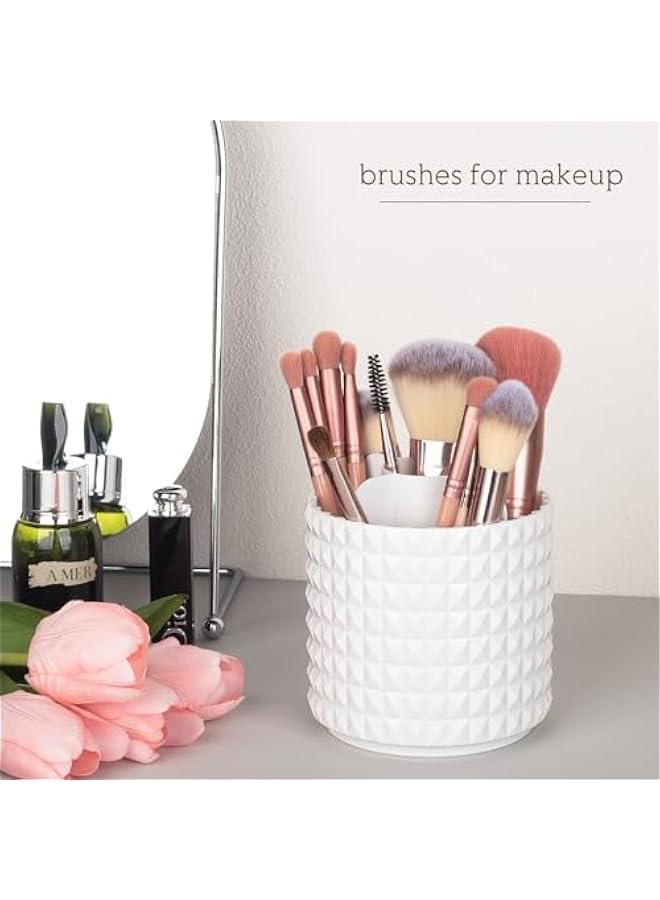 Arabest Makeup Brush Holder Organizer 360°Rotating Make Up Brushes Container for Vanity, Spinning Cosmetics Storage Cup, Masonite White  - Image 2