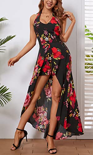 Kormei Womens Scoop Neck Halter Backless Floral Rayon Party Split Maxi Romper Dress L Black&Red Floral - Image 5