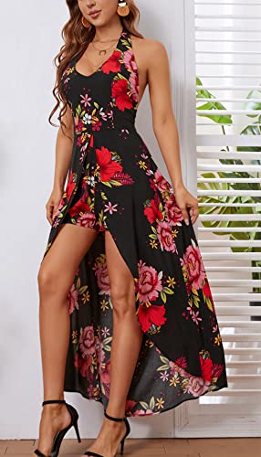 Kormei Womens Scoop Neck Halter Backless Floral Rayon Party Split Maxi Romper Dress L Black&Red Floral - Image 3