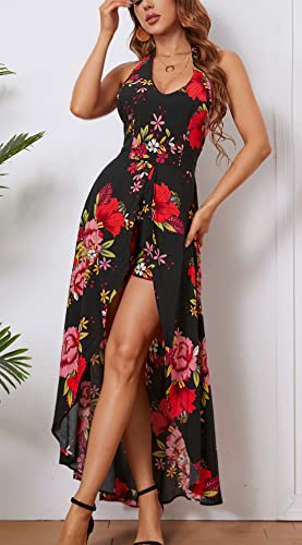 Kormei Womens Scoop Neck Halter Backless Floral Rayon Party Split Maxi Romper Dress L Black&Red Floral - Image 2