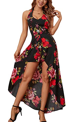 Kormei Womens Scoop Neck Halter Backless Floral Rayon Party Split Maxi Romper Dress L Black&Red Floral - Image 1