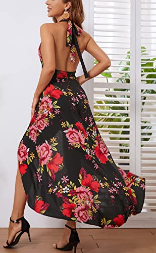 Kormei Womens Scoop Neck Halter Backless Floral Rayon Party Split Maxi Romper Dress L Black&Red Floral - Image 4
