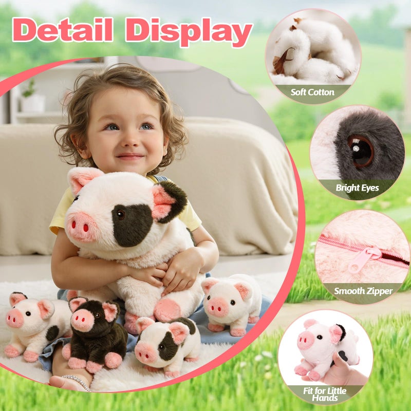 OUOZZZ 11" Pig Stuffed Animals with Babies Inside, 5-in-1 Plush Pig Toys with 4 Babies in Zippered Tummy, 3 Year Old Birthday Gifts for Girls Boys Kids Toddler - Image 3