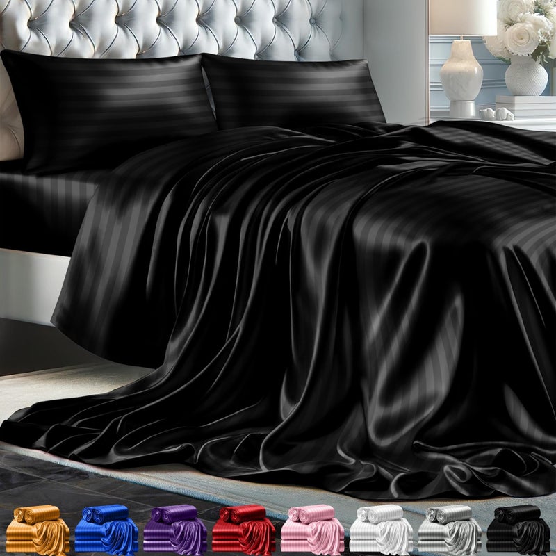 DECOLURE Striped Satin Sheets Full Set 4pc - Luxurious Silk Touch Satin Sheets Full - All-Season Silky Soft Full Size Bed Sheets - Black Satin(Black) - Image 1