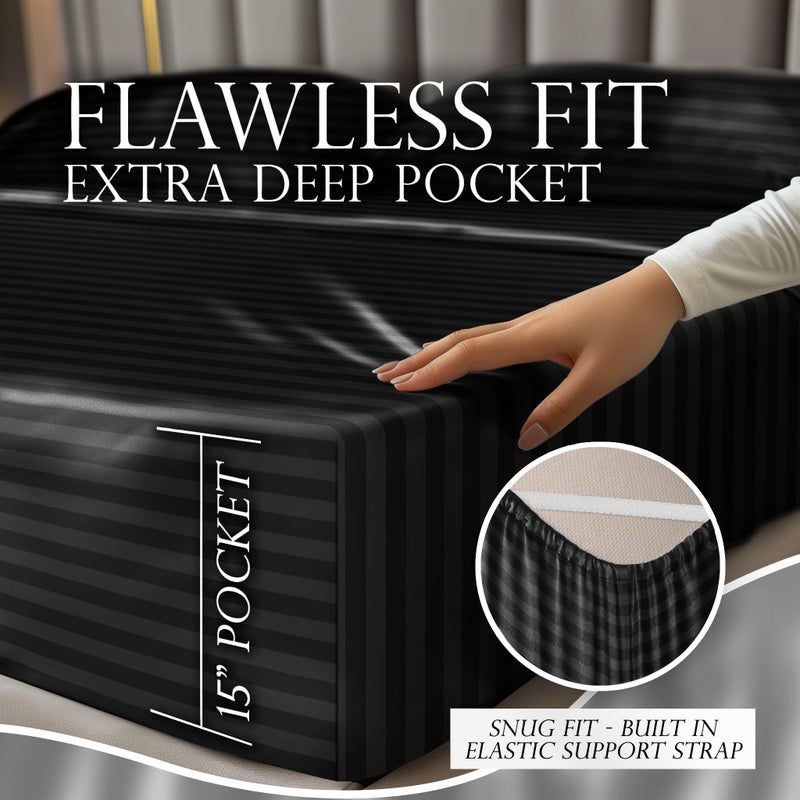 DECOLURE Striped Satin Sheets Full Set 4pc - Luxurious Silk Touch Satin Sheets Full - All-Season Silky Soft Full Size Bed Sheets - Black Satin(Black) - Image 4