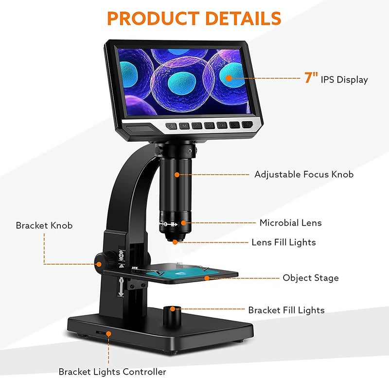 Microware 7 inch Digital Microscope 0-2000x Magnification 12MP Photo/Video Camera with IPS HD Screen Dual Lens - Image 2