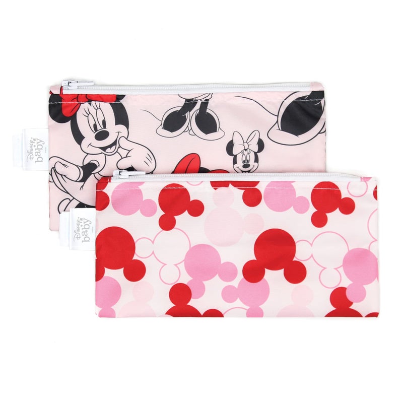 Bumkins Disney Reusable Snack Bags for Kids School Lunch and for Adults Portion Washable Fabric Waterproof Cloth Zip Bag Supplies Travel Pouch FoodSafe 2pk Minnie Mouse Classic