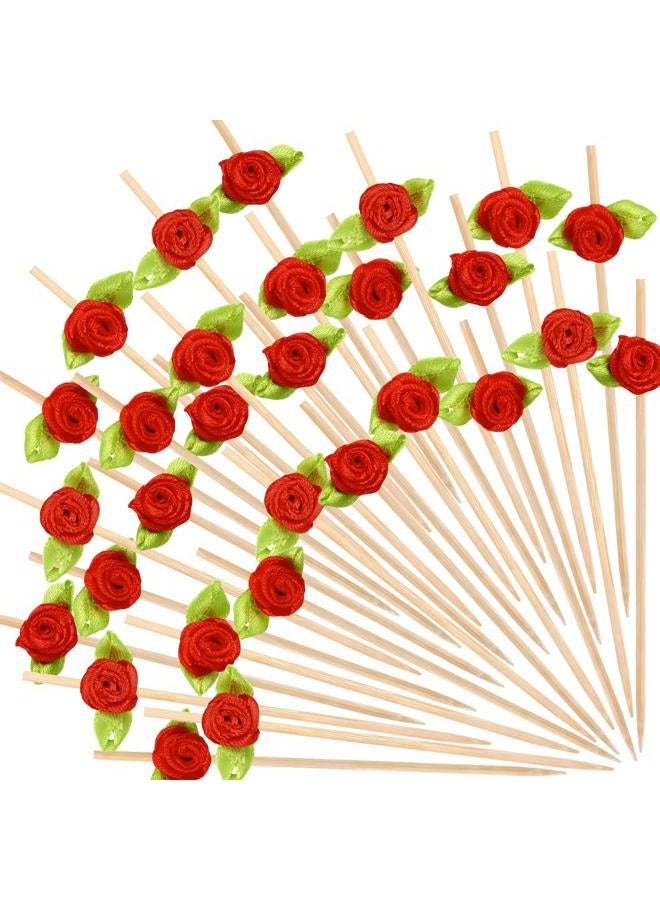 JOFONY 120pcs Red Rose Flower Cocktail Picks,4.72 Inch Long Valentine Decorations Toothpicks for Appetizers,Food Drinks Garnish Fruit Skewer Sticks for Wedding Valentine Holiday Party Decoration - Image 1
