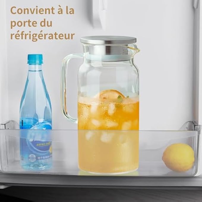 ريحني إبريق زجاجي سعة 42 أونصة مزود بغطاء وفوهة، إبريق ماء من زجاج البورسليكات المقاوم للحرارة للمشروبات الساخنة والباردة، إبريق صغير الحجم للثلاجة، مثالي للشاي المثلج والقهوة والعصير والمشروبات محلية الصنع - Image 3