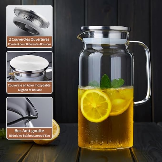 ريحني إبريق زجاجي سعة 42 أونصة مزود بغطاء وفوهة، إبريق ماء من زجاج البورسليكات المقاوم للحرارة للمشروبات الساخنة والباردة، إبريق صغير الحجم للثلاجة، مثالي للشاي المثلج والقهوة والعصير والمشروبات محلية الصنع - Image 5