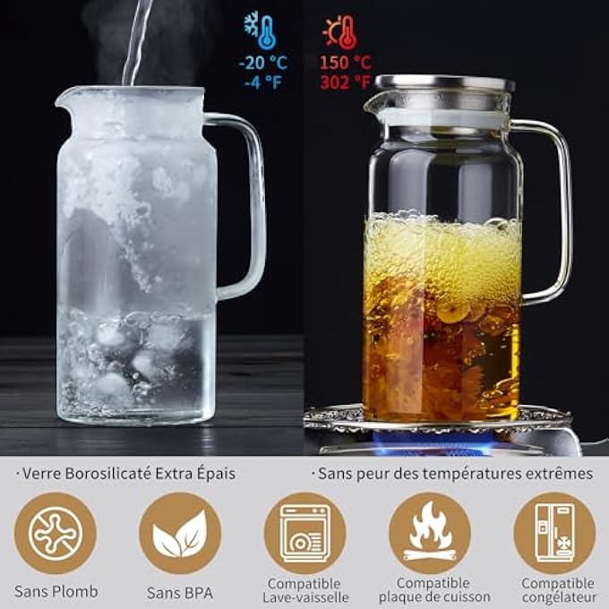 ريحني إبريق زجاجي سعة 42 أونصة مزود بغطاء وفوهة، إبريق ماء من زجاج البورسليكات المقاوم للحرارة للمشروبات الساخنة والباردة، إبريق صغير الحجم للثلاجة، مثالي للشاي المثلج والقهوة والعصير والمشروبات محلية الصنع - Image 4