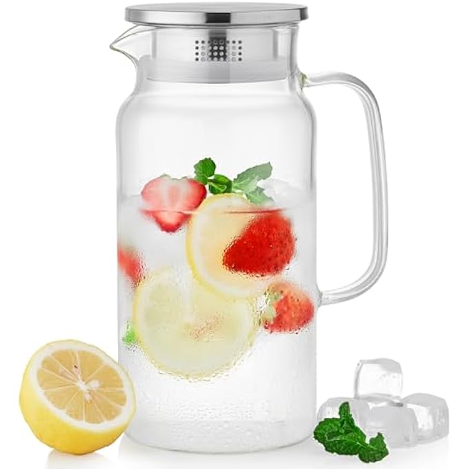 ريحني إبريق زجاجي سعة 42 أونصة مزود بغطاء وفوهة، إبريق ماء من زجاج البورسليكات المقاوم للحرارة للمشروبات الساخنة والباردة، إبريق صغير الحجم للثلاجة، مثالي للشاي المثلج والقهوة والعصير والمشروبات محلية الصنع - Image 1