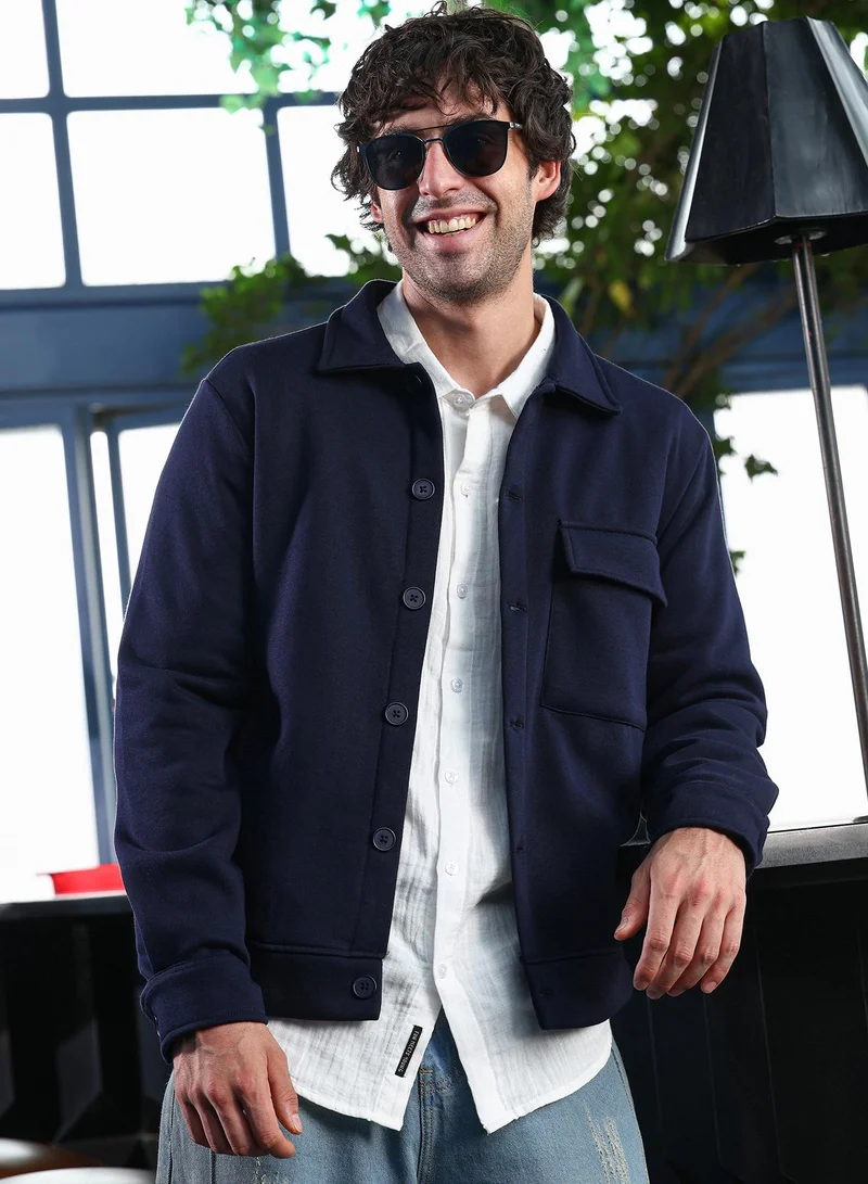 Campus Sutra Men Utility-Knit Jacket | Point Collar, Long Button-Cuff Sleeves | Button , Ribbed-Straight Hem | Solid Plain | Knitted Fabric For Casual & Daily Wear | Navy Blue