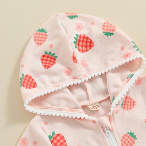 Licupiee Girls Hooded Zip Terry Coverups Swimsuit Kids Baby Girl Floral Print Short Sleeve Swim Cover-Up Swimwear (Strawberry, 12-24 Months) - Image 4