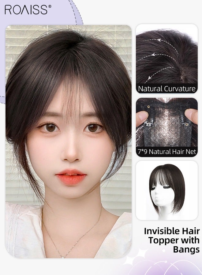 roaiss Invisible Hair Topper with Bangs for Women, Air Bangs with Clips on in French Style, Silk Inner Net Hair Pieces for Women with Thinning Hair Hair Loss Cover Gray Hair, Natural Black, 7x9cm - Image 1